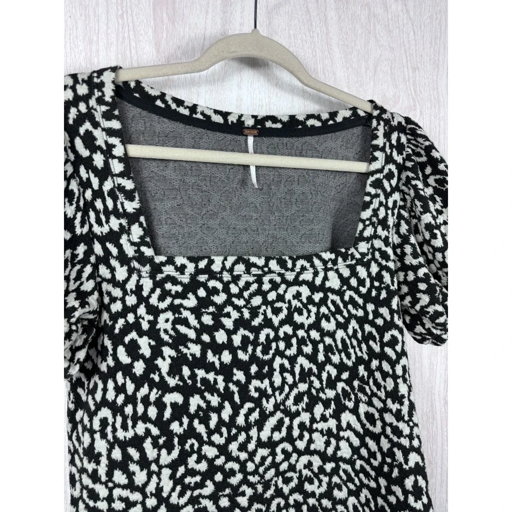 Free People Leopard Top‎ Women's L Black White Puff Sleeve Square Neck Boho Chic